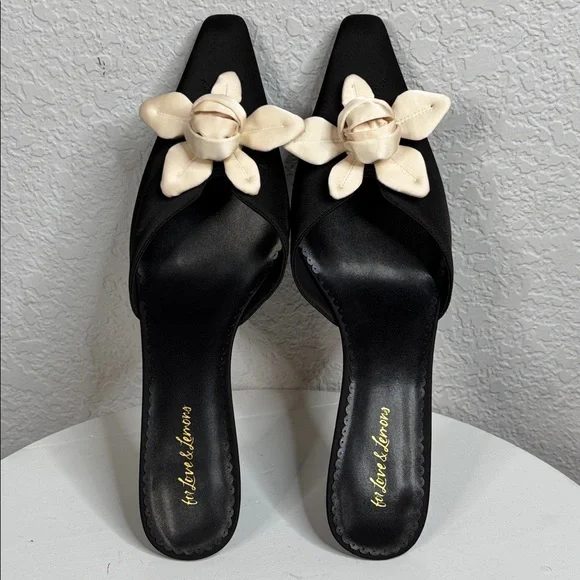 FOR LOVE & LEMONS 🍋 CLAUDINE BLACK SATIN FLORAL ROSETTE KITTEN HEELS - Picture 11 of 15